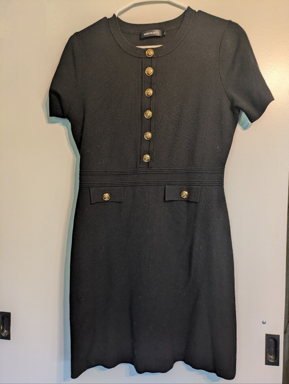Black Short-Sleeve Knit Dress with Gold Buttons - Large